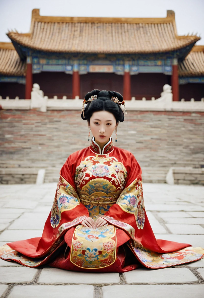 A woman seen from the front, facing forward as if urinating on the ground, with her legs spread apart. Empress of the Qing Dynasty, Chinese imperial court. The empress of China is not wearing a crown and is wearing a red Manchu dress with a floral pattern, open at the front, exposing her chest, lower abdomen, thighs and feet.。She is wearing no underwear, and her large breasts are exposed, right down to her bare stomach. Her hair is tied up and pulled up, and the background is the stone pavement of the Chinese palace of the Qing Dynasty.