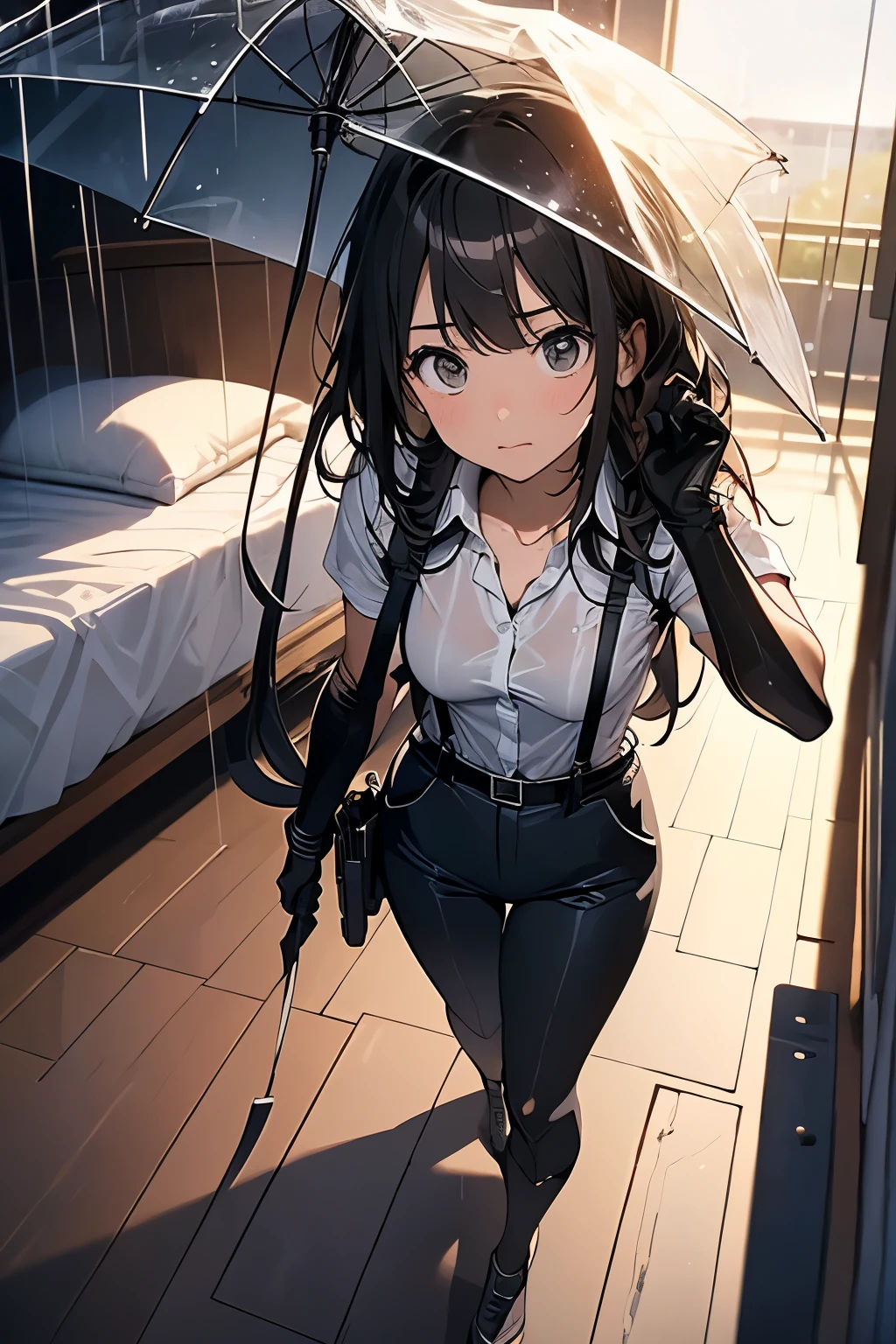 1 female, , high quality, masterpiece, Ultra-high resolution, , Cinema Lighting, , , And the suspenders with the cranes flying Large Breasts Small face holster Lying in bed Looking up Sweat belt summer 脇Sweat Black Hole Gloves suit shirt Black jacket Black trousers Leg Links ズボンにbelt holster Hands behind your back Anxious expression Looking up Anxious face, legs apart Armament Cable ties レッグholster holster See-through clothing heavy rain Getting wet in the rain