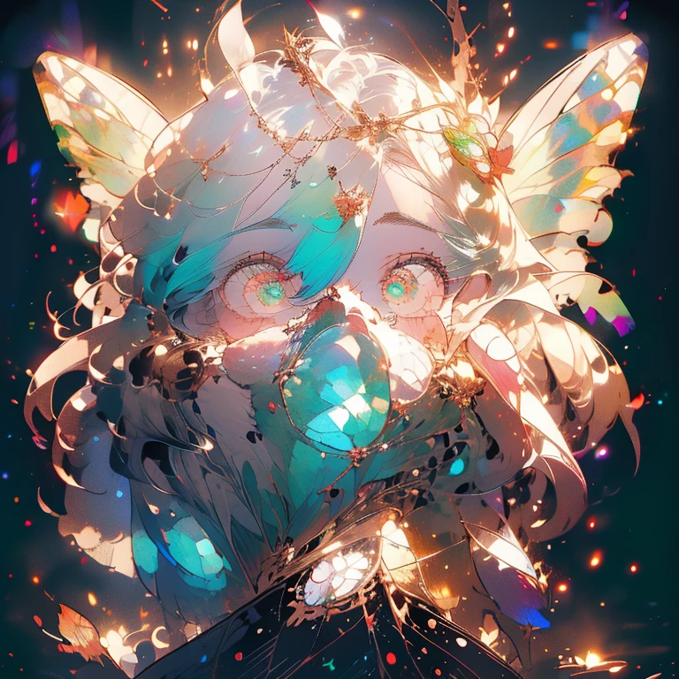 a beautiful (1woman) with colorful butterfly wings, white hair, detailed face, green eyes,intricate butterfly wings,detailed wing patterns,detailed clothing,colorful butterfly wings,cinematic lighting,golden light particle, best detailed,masterpiece,ultra detailed, best shadow, action pose, (dynamic angle,detailed background,dark fantasy), (beautiful detailed face), high contrast, (best illumination, an extremely delicate and beautiful), ((cinematic light)), colorful, hyper detail, dramatic light, intricate details, butterfly circle, magic crystals, Fantastic fairy,