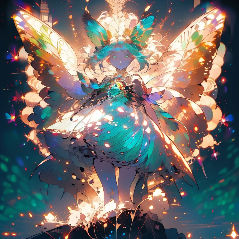 a beautiful (1woman) with colorful butterfly wings, white hair, detailed face, green eyes,intricate butterfly wings,detailed wing patterns,detailed clothing,colorful butterfly wings,cinematic lighting,golden light particle, best detailed,masterpiece,ultra detailed, best shadow, action pose, (dynamic angle,detailed background,dark fantasy), (beautiful detailed face), high contrast, (best illumination, an extremely delicate and beautiful), ((cinematic light)), colorful, hyper detail, dramatic light, intricate details, butterfly circle, magic crystals, Fantastic fairy,