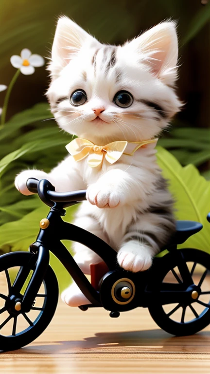 Cute kitten riding a bicycle, full body, photorealistic, intricate details