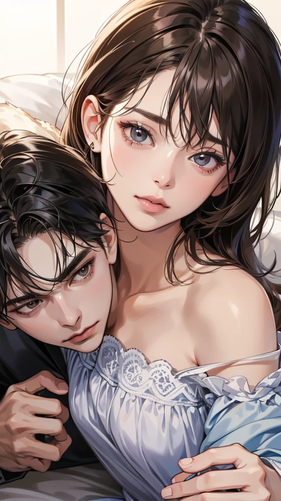 (masutepiece, Digital Art, Digital Illustration, 4K, 8K, Ultra-detailed, beautiful image, Sharp Image, Photorealistic, Raw photo, Perfect face, Perfect lines, Perfect eyes, Soft lighting) , a couple, 1 girl 1 boy, Hair color is different, Medium brown hair and brown eyes, Short black hair and gray eyes, Romance, Lie on the ground, Lip touch