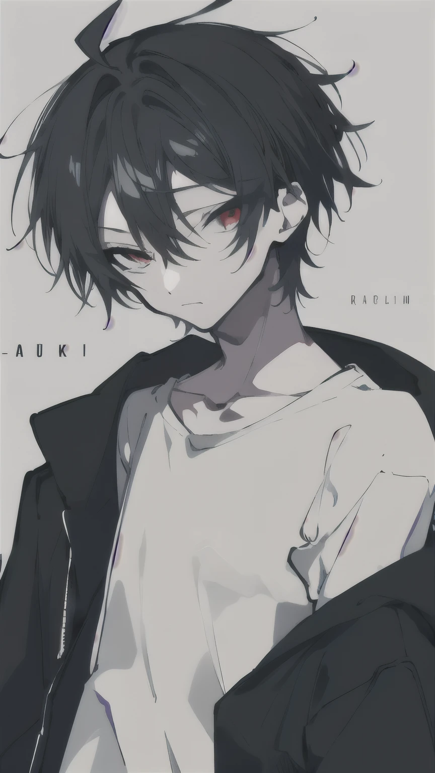 masterpiece, best quality, male, 1boy, solo, very short hair, messy hair, messy bangs, looking_at_viewer, bangs, simple_background, long_sleeves, black hoodie off shoulder ,white t-shirt, hair_between_eyes, closed_mouth, ahoge, cowlick, monochrome, upper_body, black_hair, red eyes, 