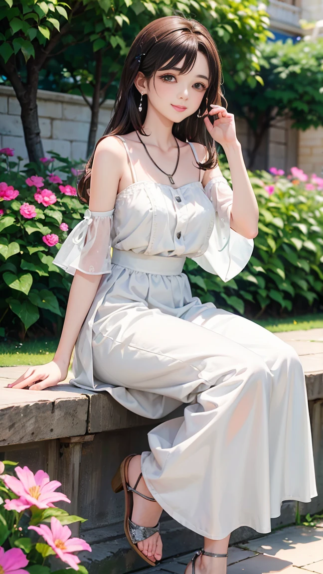 (8k、RAW Photos、highest quality、masterpiece:1.2)、(Realistic、Realistic)、1 girl、((Short shrine maiden costume、smile、Off the shoulder、Light blue and white、Long-sleeved kimono、I can see your legs、Shorts、Sandals、garden、Ribbon Belt、Standing with hands on hips))、Lots of eyelashes、Glowing eyelids、skeletally correct