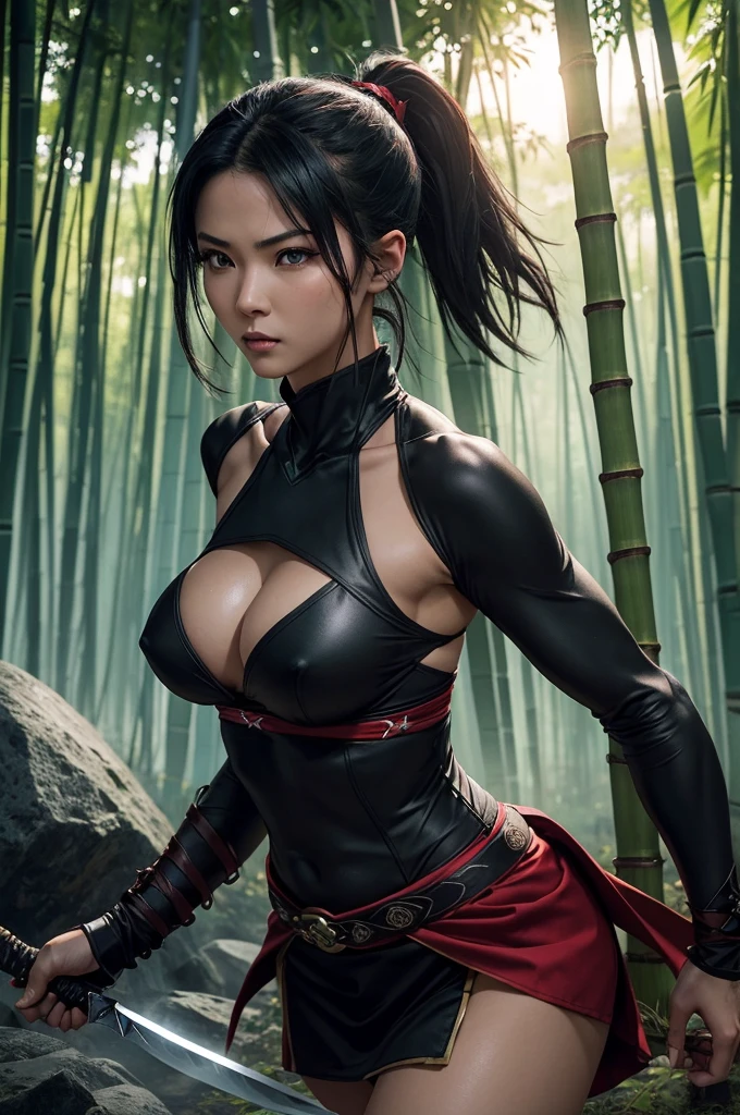 8K,1 milf,Fantasia、sexy female ninja with big breasts、Fluttering chest,complete ninja outfit、tight black and red ninja outfit(ultra precise detailed)、Slender lower body,tight black and red skirt(ultra precise detailed)(Exposure of ninja clotheasked Face)、(Quick movement)、(stealth)、(mystical)、(arma)、(knifes)、(shuriken)、(daggers)、(short knife)、(shuriken)、(Graceful pose)、(dusk setting)、(Moonlit sky)、(Enchanting shadowagical aura))、(daring acrobatics)、(ninja star)、(Quiet footsteps)、(Highly skilled)、(dedicated warrior)、(invisible assassin)、(ninja headquarters)、(hidden passage)、(bamboo forrest)、(intricate-detail)、(secret glance)、(impressive crimson eyes)、(Intense focus)、(epic battle scene)、(Mystical powers)、(rippling muscles)、(Fierce determination)、(Warrior spirit)、(exhilarating action)、(ancient tradition)、(unbreakable code)、(fearless guardian)、(unparalleled combat skills)、(constant vigilance)、(invisible protector)、(top-quality、ultra-detailliert、hight resolution、physically-based renderingt:1.2)、(immersive lighting)、(vivd colour)、(Dynamic composition)、(masterpiece)。Fantasyart、Female ninja、complete ninja outfit、(tight ninja uniform)、The is a uniform、Nipples are uniform、arma、lush bamboo forest,Golden decoration,超A high resolution,super realistic skin,Beautiful expression,