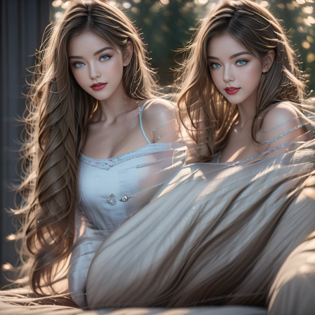 A beautiful young woman,blond,Gently falls to the shoulders in the form of waves, medium height, Big green eyes, Fair skin, Wearing pajamas, Lying on the sofa, The environment is illuminated by warm and pleasant lighting, A calm face, Lips with red lipstick, 8k Textures, Very detailed, Realistically, Soft lighting, Human Development Report, Sharp focus, masterpiece, Fotor is very realistic, Award-winning photography, Canon EOS R5, 35 mm