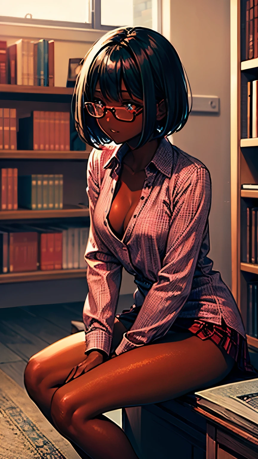 red blouse, red plaid skirt, lustrous dark skin, black hair, glasses, library girl, unbuttoned blouse, sitting on the floor, raised legs, showing her panty, skinny long legs, short hair, bookshelves around her