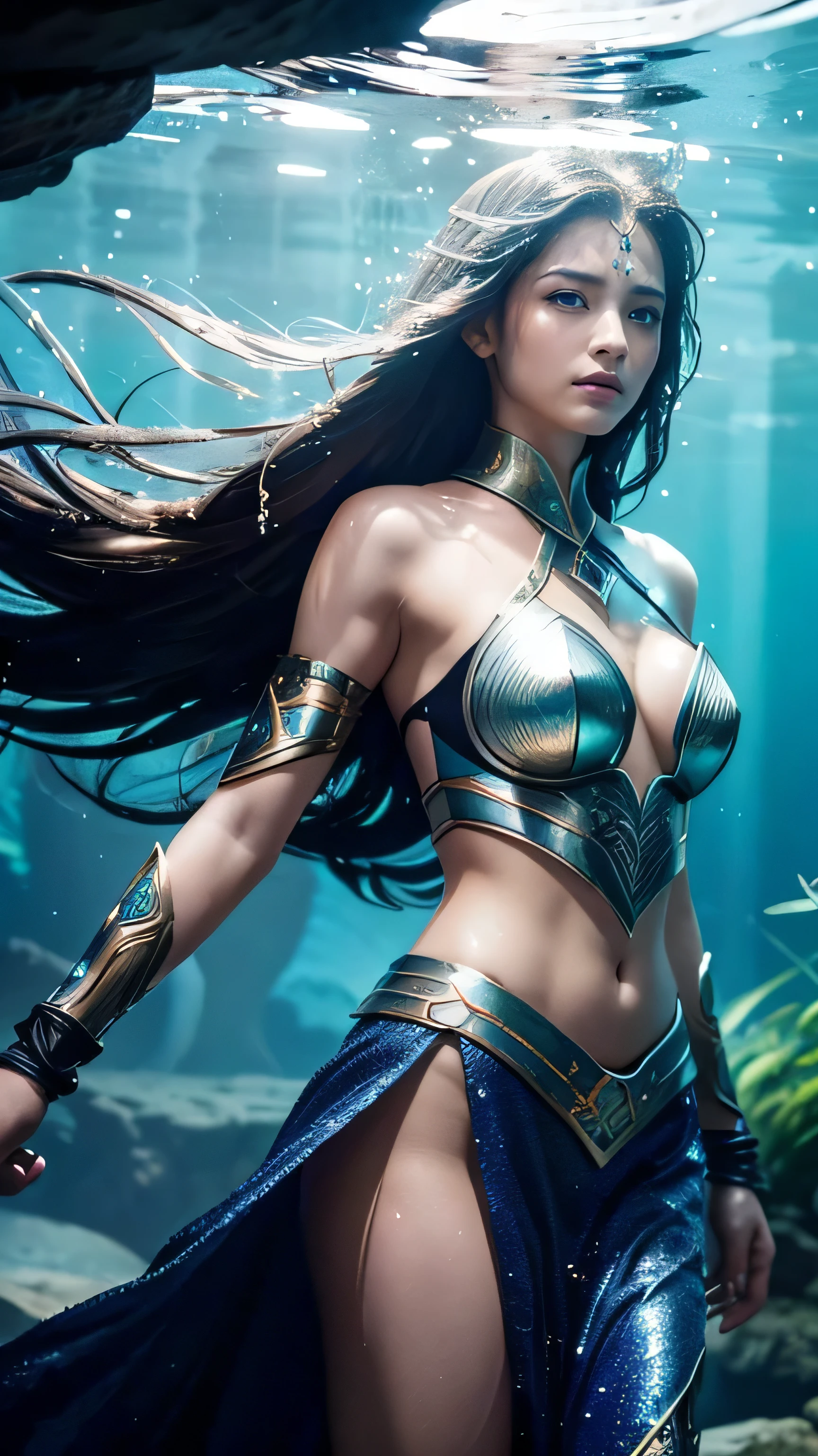 ### 戦うケルピーのプロンプト
Create an ultra-realistic depiction of a battle-ready Kelpie, a water spirit from Scottish folklore, transformed into a fierce and beautiful warrior woman. This Kelpie exudes both the mystical allure and formidable power of a legendary water spirit.
**Overall Appearance**:
- **Hair**: Long, wet black hair that glistens in the light, tied back in a practical yet elegant manner to keep it out of her face during combat.
- **Skin**: Pale, bluish-white skin that glows with an ethereal light, giving her a hauntingly beautiful appearance, even in battle.
- **Eyes**: Large, intense eyes that reflect the depth and power of a stormy sea, often appearing to change color with her emotions.
- **Features**: Delicate yet sharp features, with a perfectly symmetrical face that radiates an otherworldly charm and determination.
**Clothing and Armor**:
- **Armor**: Lightweight, enchanted armor made from water plants, shells, and mystical metals that shimmer like the surface of a lake. The armor is designed to protect while allowing fluid movement.
- **Dress**: Underneath the armor, a dress made from water plants and adorned with shells, clinging to her body and flowing like water.
- **Accessories**: Natural elements like seaweed, pearls, and small, luminescent fish woven into her hair and armor, enhancing her connection to the water.
**Special Traits**:
- **Aura**: An aura of power and enchantment surrounds her, making her both mesmerizing and intimidating.
- **Expression**: A fierce and determined look, with a captivating and enigmatic smile that hints at her confidence in battle.
- **Abilities**: The power to control water, creating waves, currents, or even shaping water into weapons and shields at will.
**Weapons**:
- **Trident**: A beautifully crafted trident made from enchanted metals and adorned with water-themed designs, shimmering with a mystical light.
- **Water Whip**: A whip made entirely of water, able to change its shape and hardness as needed for off