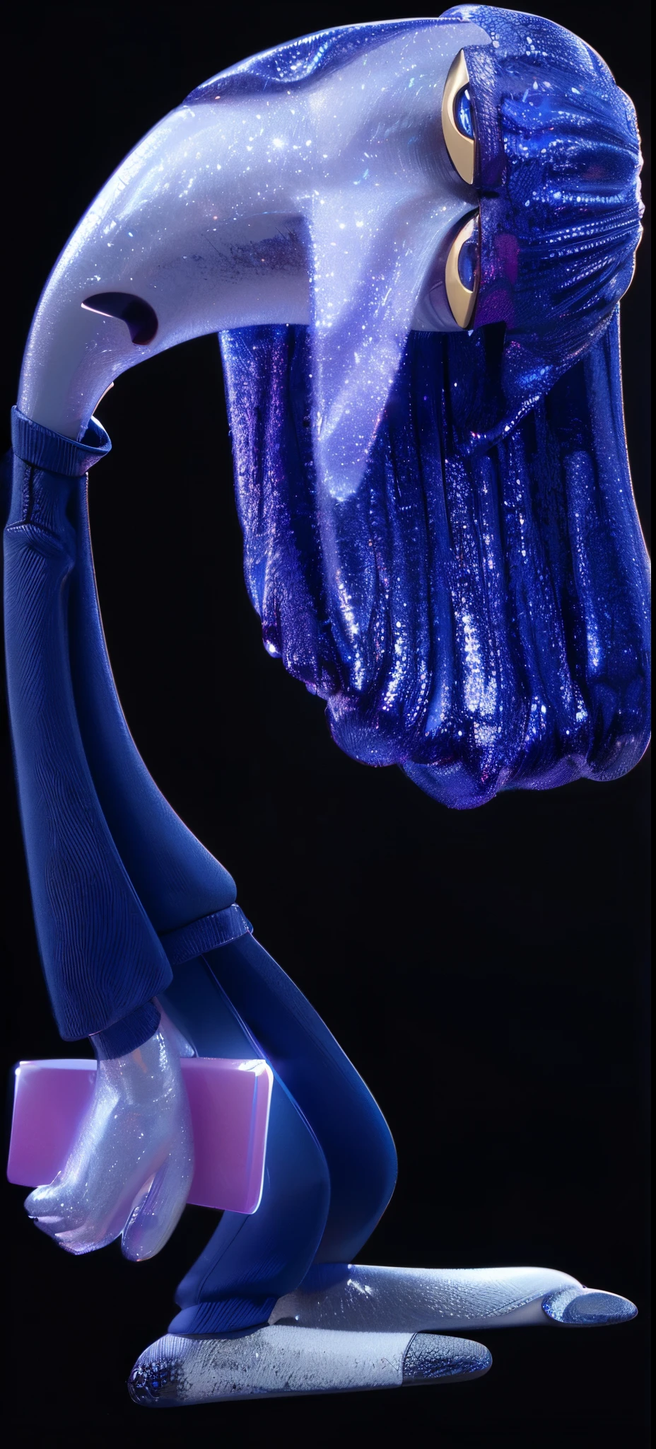 3d style, simplified design, 3d render, glossy texture, smooth 3d model, multiple light sources, rim light, sharp post effects render, (glossy plastic texture with multiple big light probe refractions), perfect cgi, smooth silhouette, high intensity refraction, (super glossy material), most beautiful vfx , blue background, plastic refractions, realistic, 4k, high resolution, rim light, photo shoot, commercial photo, profile shot, 4k, rim light, high resolution, 4k, glossy texture, smooth 3d model, multiple light sources, rim light, sharp post effects render, (glossy metallic texture with multiple big light probe refractions), perfect cgi, cgi art created only with gradients, smooth silhouette, high intensity refraction, (super glossy chrome material), most beautiful vfx, blue background, chrome metal refractions, multiple light sources, rim light, sharp post effects render, perfect cgi, digital art, detailed digital art, reflective, best quality, 4k, masterpiece:1.2, ultra-detailed, realistic, vivid colors, dark and moody lighting, The image of the highest quality, ensuring every detail is showcased perfectly. It in 4k resolution, allowing viewers to immerse themselves in the richness of the colors and intricate details. The realistic rendering. under the spotlight, reflecting, high-resolution image, realistic rendering, dark background, and rim light photorealistic