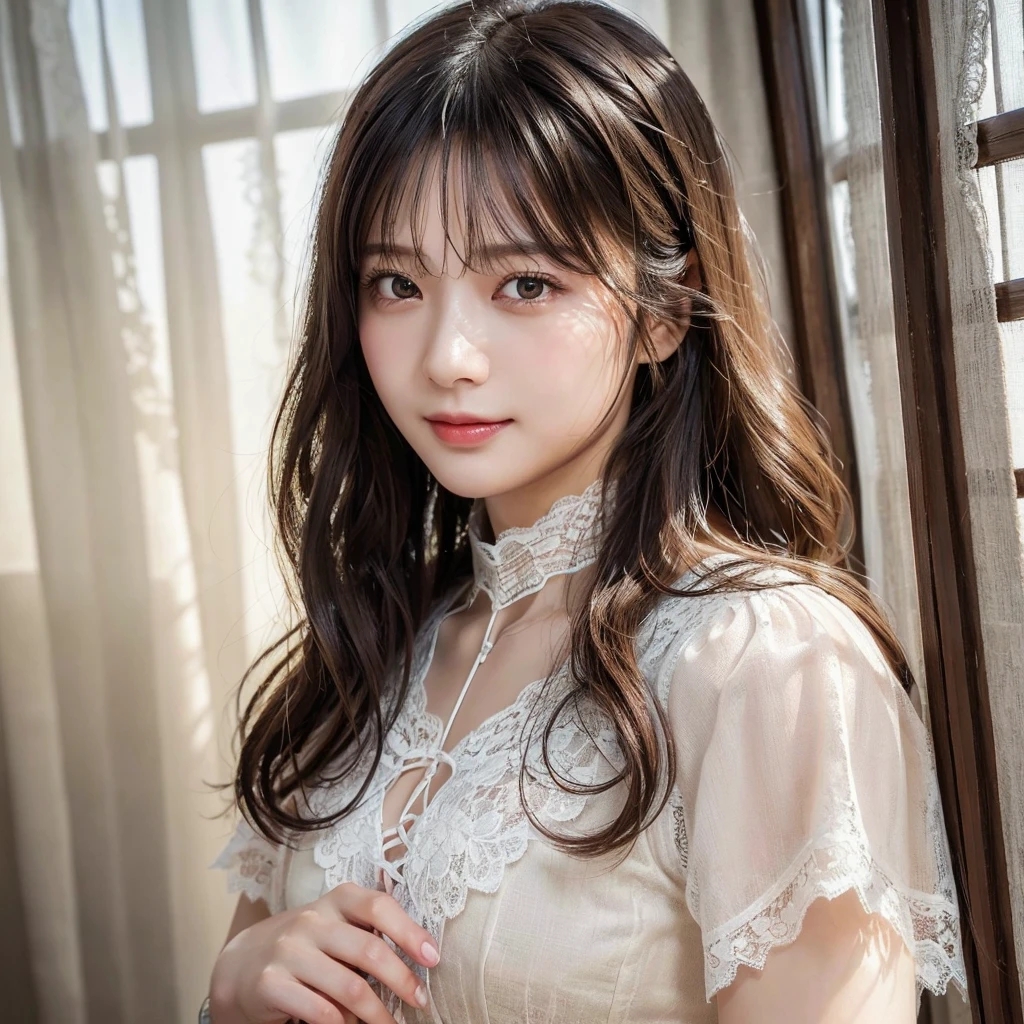 ((8k, Highest quality, masterpiece, 超High resolution, Photorealistic:1.5)),(Highest quality,masterpiece:1.3,超High resolution),(Realistic:1.4,RAW shooting),Super detailed, 超High resolution,18-year-old,Rembrandt Lighting, Detailed lips、Ray Tracing,Detailed skin texture, Japanese,黒いLong Hair,耳前にLong Hair, (Long Hair:1.2), (Wavy Hair:1.2), (鈍いbangs:1.2), Chest-up shot,超高精細8k,Highest quality,Very detailed,masterpiece,Realistic,Rich details,Photographic realism,Very detailed環境,Very detailed照明,Very detailed詳細,,Detailed skin texture,Scattered under the surface,(blush:0.5),Photographic works,A slightly sad expression,Beautiful, shining lips, Detailed face、 bangs, Hair between the eyes, (Tangled in lace curtains:1.5),Smiling and looking at the camera,Top view angle,,Natural light, masterpiece, Highest quality, High resolution, ,(Face Focus:1.1),(Face close-up:1.1),Sunset