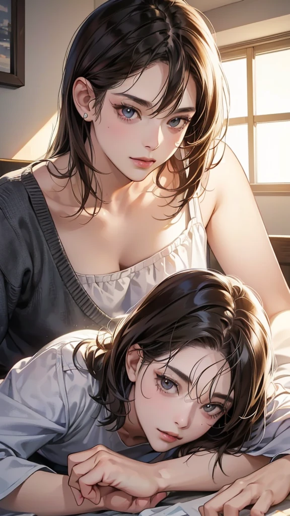 ((best quality)), ((masterpiece)), (detailed), 1girl, adult woman with brown
blondeish hair and silver light blue eyes wearing a white short nightgown laying
in the middle of the forest