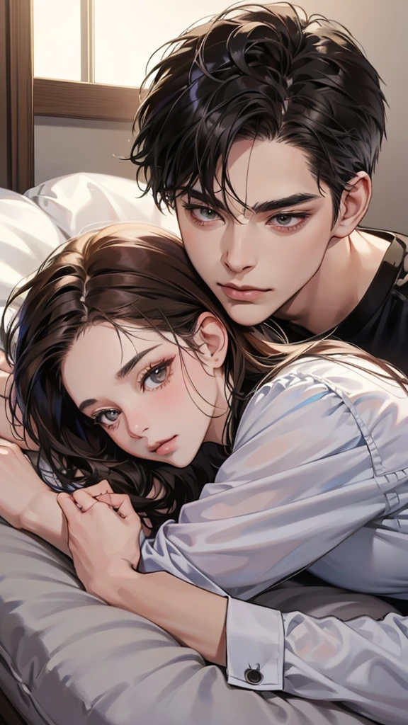 (masutepiece, Digital Art, Digital Illustration, 4K, 8K, Ultra-detailed, beautiful image, Sharp Image, Photorealistic, Raw photo, Perfect face, Perfect lines, Perfect eyes, Soft lighting) , a couple, 1 girl 1 boy, Hair color is different, Medium brown hair and brown eyes, Short black hair and gray eyes, Romance, Lie on the ground, Lip touch