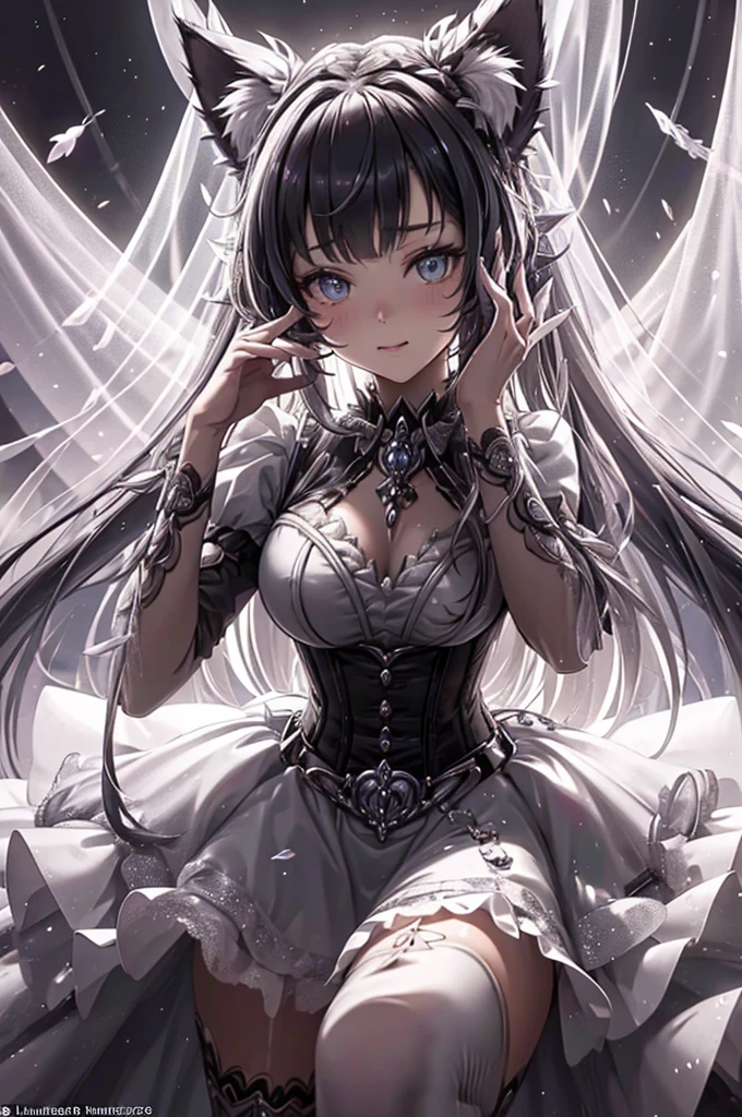Best quality,masterpiece,The Ultimate Solution,Cat ear,Collar,Fluffy,Extremely colorful,rich and colorful,Complete body,Black and white double ponytail,ta long skirt, White stockings flats,Close-up of face,In a deep-sea environment,soaking in water