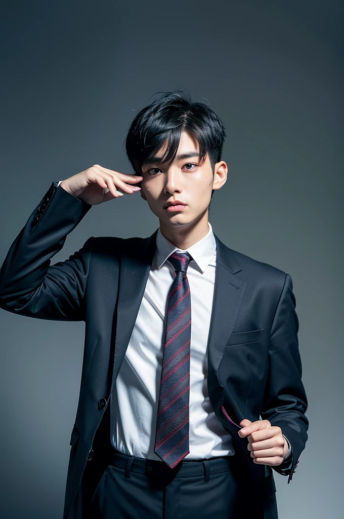 8k、Chinese men、20 years old、Black Hair、Short Hair、Tired look、Hollow Eyes、Stubble、Colored Shirts、Black suit、No tie、black background 