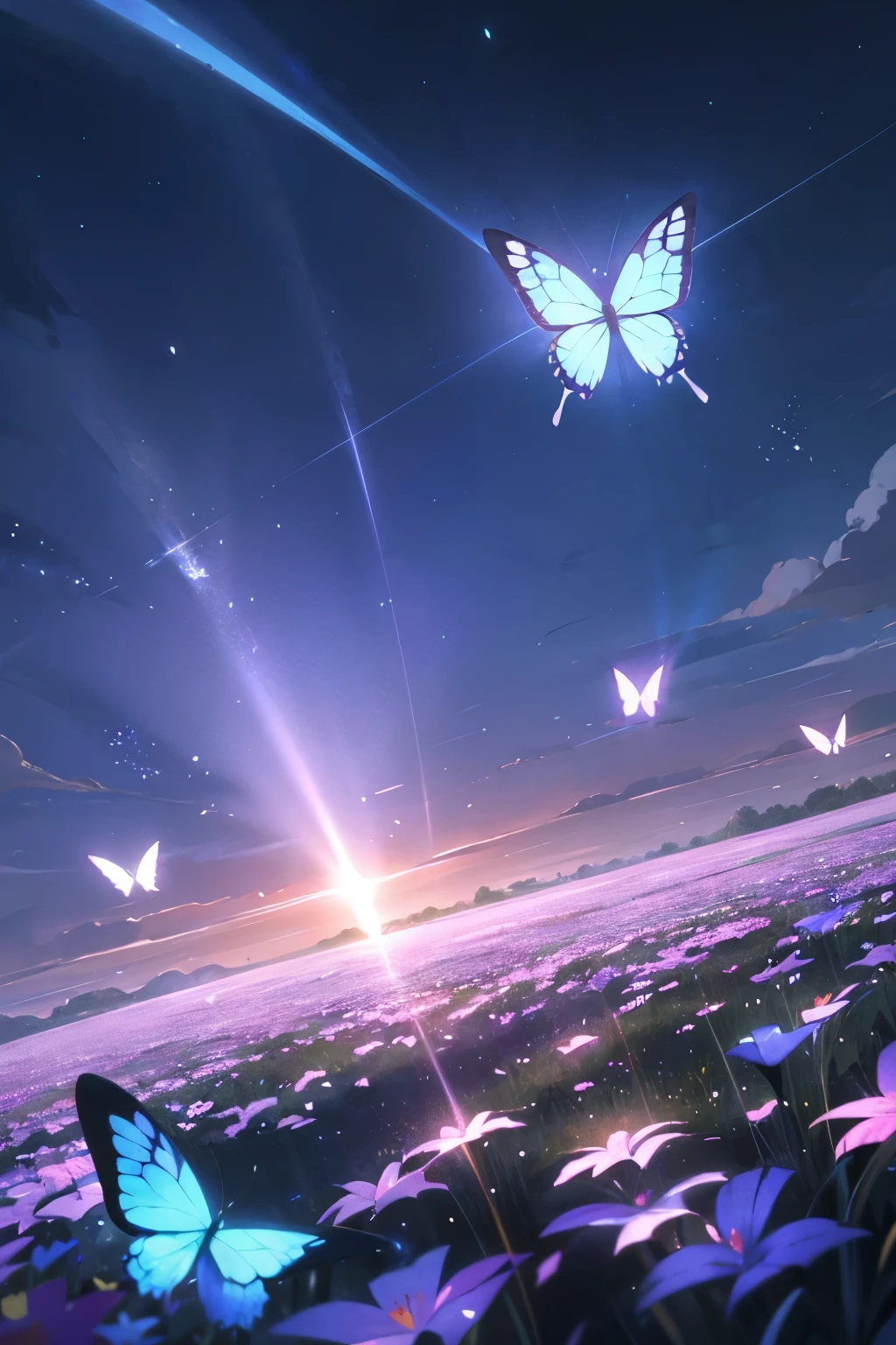 Butterflies fly in the sky over a field of flowers, Butterflies flutter in the air, Glowing blue butterfly, Blue Moon Ray Tracing, Anime Background, Anime beautiful peaceful scene, Beautiful wallpapers, Glowing Butterfly, Anime Wallpaper 4K, Anime Wallpaper 4K, 4k anime wallpaper, Butterflies fly, 8k high quality detailed art, Beautiful as the moon, High quality desktop wallpaper