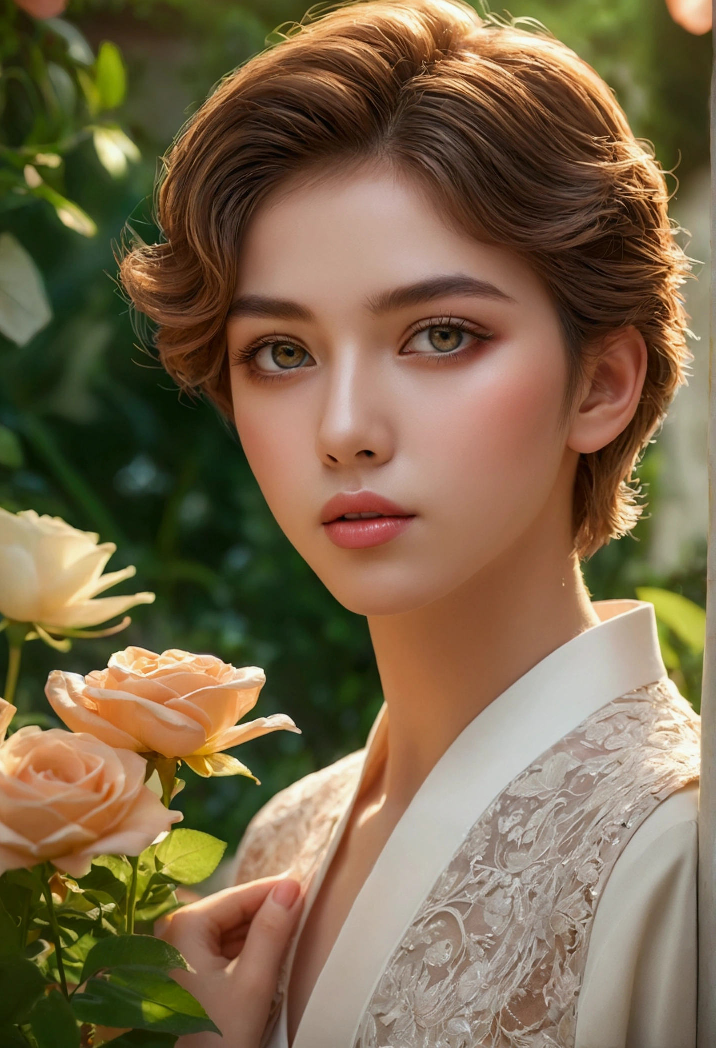 1 boy and 4 girls, beautiful detailed eyes, beautiful detailed lips, extremely detailed eyes and face, long eyelashes, elegant fashion, graceful poses, serene outdoor garden setting, blooming flowers, lush greenery, soft lighting, warm color palette, cinematic composition, highly detailed, photorealistic, 8K, HDR, hyper-detailed, masterpiece, concept art