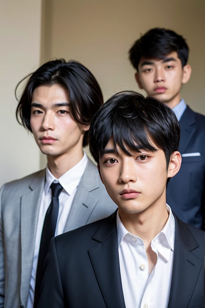 8k、Chinese men、20 years old、Black Hair、Short Hair、Tired look、Hollow Eyes、Stubble、Colored Shirts、Black suit、No tie、white background