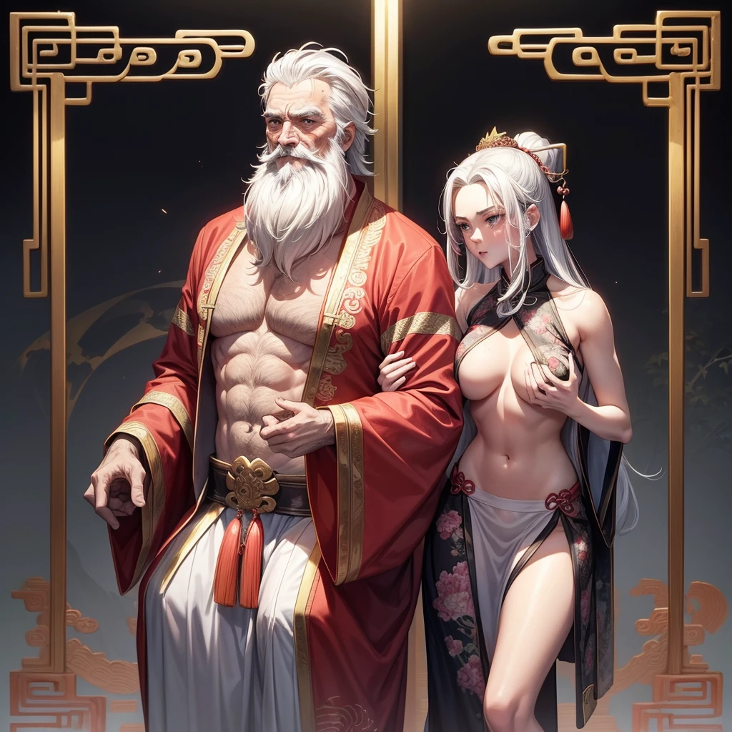 evil emperor ( handsome old man, shirtless,age 50,beard beard ) arrogantly introduces a beautiful girl (sexy,age 20 ,slim, glow skin, very embarrassed by the person in front of him, covers his breasts with his hands but it's hard because he has to try to calm the old man by holding his stomach her,naked breastes, an ancient china royal ornament,good looking.