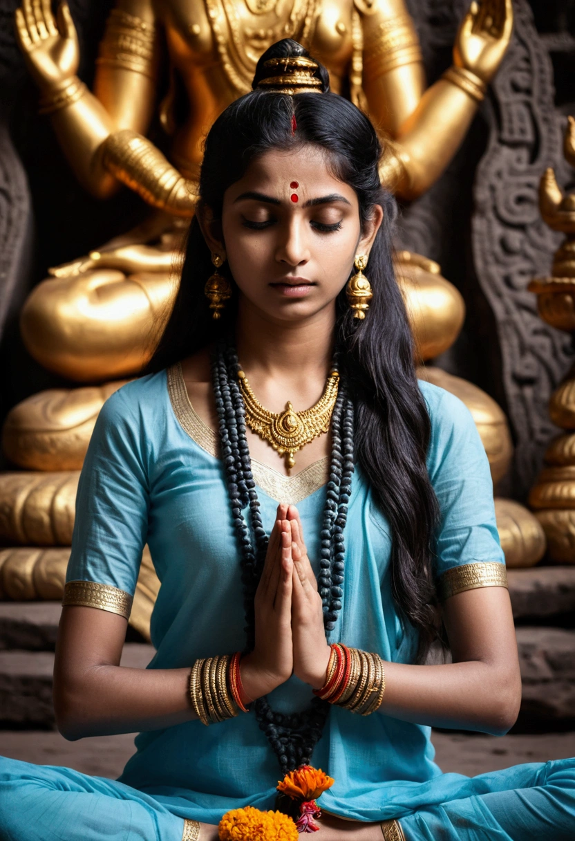 a young slim girl, modern attire, praying to lord shiva, cinematic