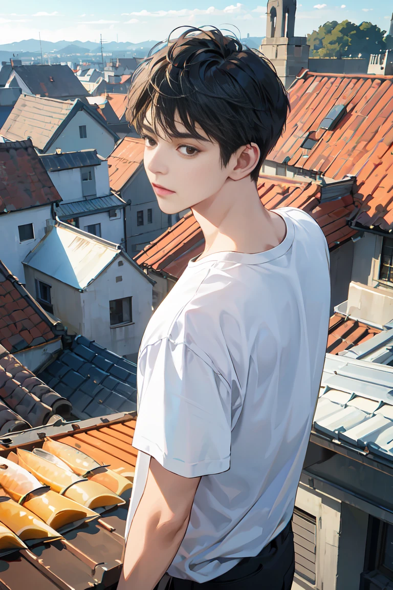 (absurd, mackerel, very detailed, realistic, ), 1 Boy,mature, alone, black short hair, white t shirt,brown eyes,On the rooftop, with my back to Cadera, I look into the distance while feeling the wind., Ultra-detailed, best quality, detailed diagram, Vectorization, 8k, graphic design, vector lines, full hd,