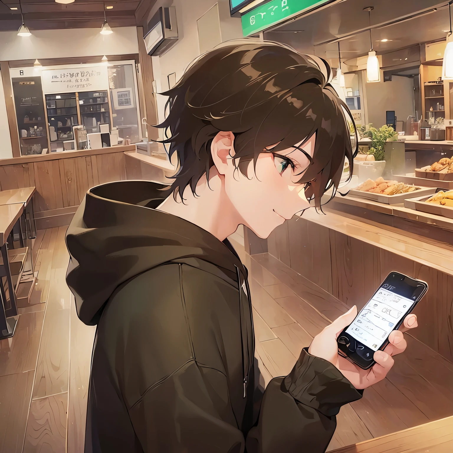 (looking away:1.5),upper body,Side shot、Looking at smartphone、
masterpiece、Highest quality、BREAK (25-year-old male:1.5) and (Mahogany brown short hair) and (Green Eyes)
 BREAK,
black hoodie,
smile,Inside the restaurant at night、(alone:1.5)