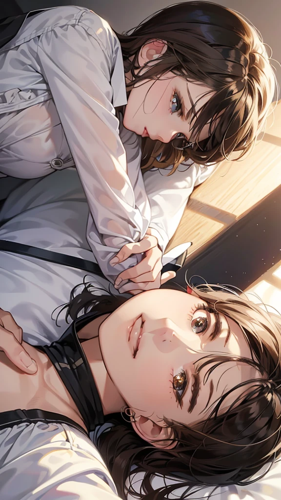 (masutepiece, Digital Art, Digital Illustration, 4K, 8K, Ultra-detailed, beautiful image, Sharp Image, Photorealistic, Raw photo, Perfect face, Perfect lines, Perfect eyes, Soft lighting) , a couple, 1 girl 1 boy, Hair color is different, Medium brown hair and brown eyes, Short black hair and gray eyes, Romance, Lie on the ground, Lip touch