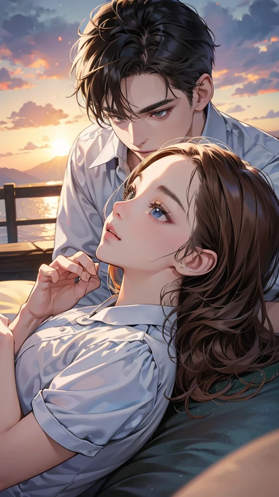 (Master Works), Best Quality, Higher Quality, High Detail, 8K Resolution, Panorama, Depth of Field, Delicate Facial Features, Perfect Face, ((((A Couple of Men and Women))))((Girls Snuggle on Boys' Shoulders)))), Women and Men, Long Eyelashes, Watery Big Eyes, Lipstick, Smile, Shyness, (Boy Short Brown Hair Straight Hair), (Girls White Long Curly Hair), White Shirt, Light Blue Long Skirt, Denim Shorts, Hand in Hand, (((Summer Night, Park Path, Night)))