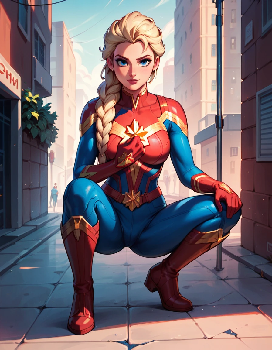 score_9, score_8_up, score_7_up, score_6_up, 1girl, solo, elsa (blonde hair, braid:1.1), wearing (Captain marvel suit:1.2), forceful superhero landing, crouched, ground cracked from landing impact, city street, cinematic lighting.