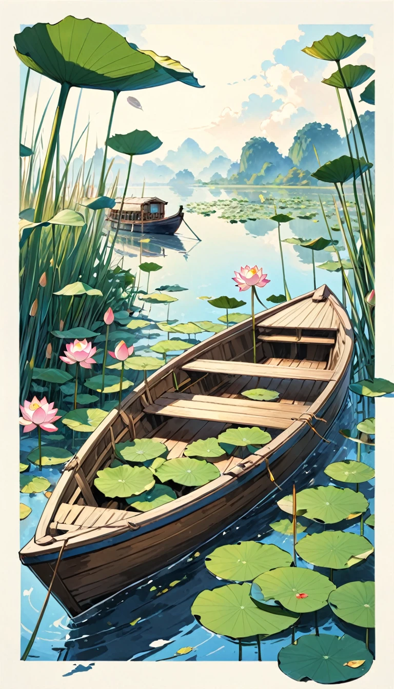 There is a poster，A small amount of lotus leaves，A small amount of reed， Boat，Leaves