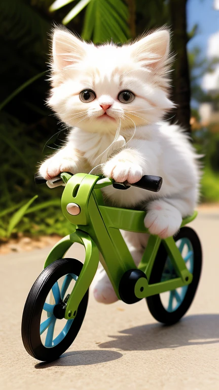 Cute kitten riding a bicycle, full body, photorealistic, intricate details