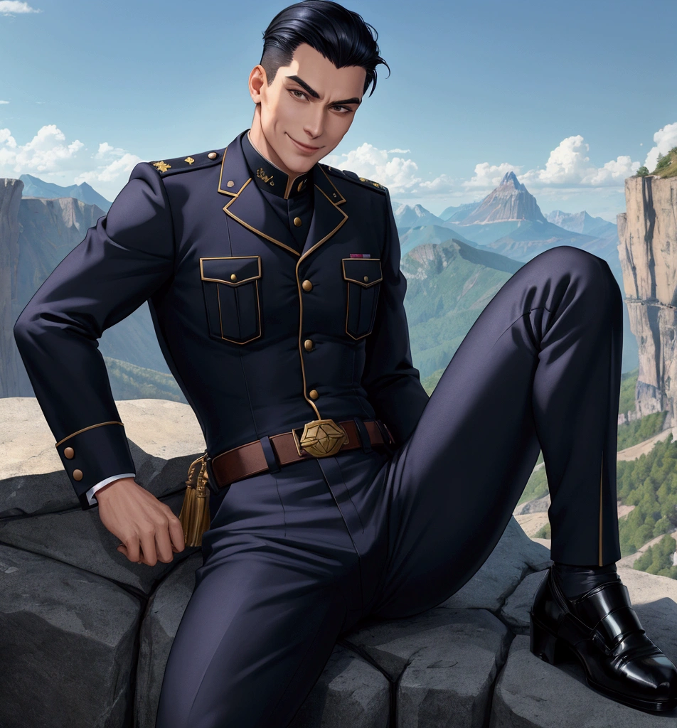 30-year-old man,、logic肉質、Navy blue cavalry uniform、Shocker Belt、Cliff in the mountains。Spread your legs wide、sit、logic,Gay ,Black Hair、Very short hair slicked back、The crotch area of the pants is bulging、Villain&#39;s scary smile　　looking at the camera。