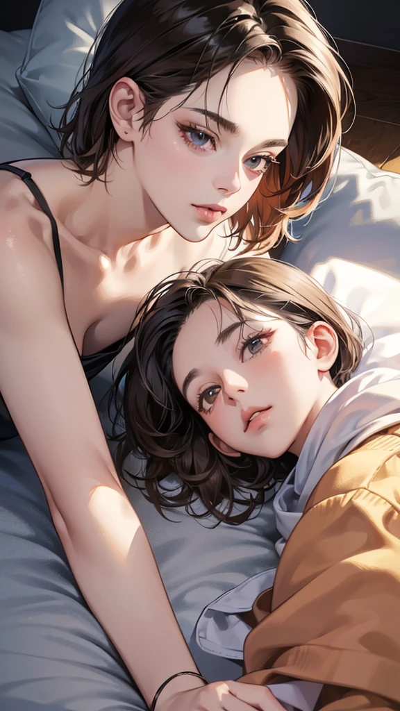 (masutepiece, Digital Art, Digital Illustration, 4K, 8K, Ultra-detailed, beautiful image, Sharp Image, Photorealistic, Raw photo, Perfect face, Perfect lines, Perfect eyes, Soft lighting) , a couple, 1 girl 1 boy, Hair color is different, Medium brown hair and brown eyes, Short black hair and gray eyes, Romance, Lie on the ground, Lip touch