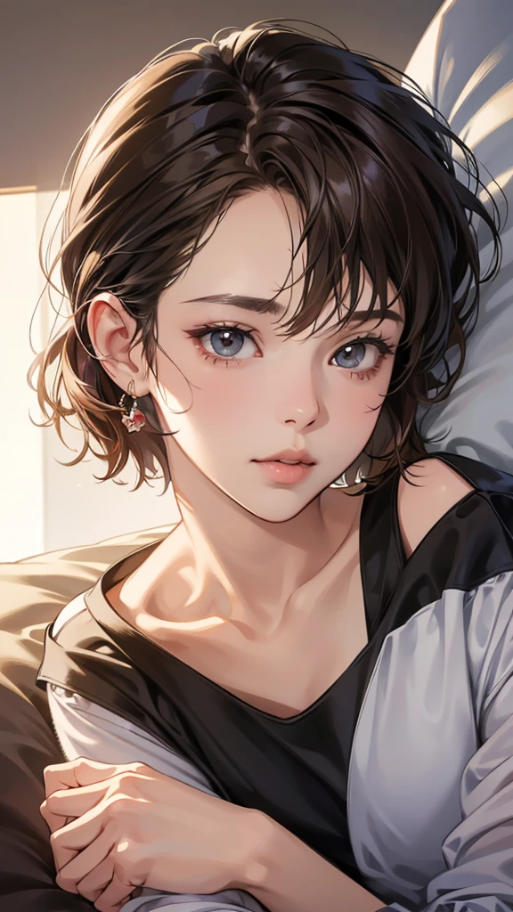 (masutepiece, Digital Art, Digital Illustration, 4K, 8K, Ultra-detailed, beautiful image, Sharp Image, Photorealistic, Raw photo, Perfect face, Perfect lines, Perfect eyes, Soft lighting) , a couple, 1 girl 1 boy, Hair color is different, Medium brown hair and brown eyes, Short black hair and gray eyes, Romance, Lie on the ground, Lip touch