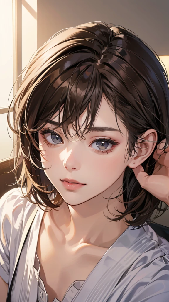 (masutepiece, Digital Art, Digital Illustration, 4K, 8K, Ultra-detailed, beautiful image, Sharp Image, Photorealistic, Raw photo, Perfect face, Perfect lines, Perfect eyes, Soft lighting) , a couple, 1 girl 1 boy, Hair color is different, Medium brown hair and brown eyes, Short black hair and gray eyes, Romance, Lie on the ground, Lip touch