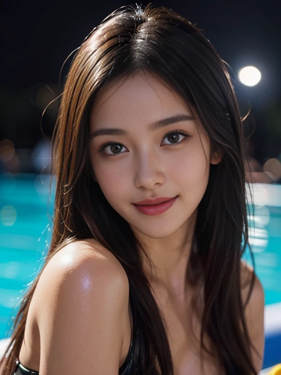 Latex bodysuit、Knee-high boots、Huge 、Long brown hair、Shiny, Oily skin、Glowing Skin、Indoor competition pool、White skin、 Body Portrait, 8k, Narrow and beautiful eyes, Dindal effect, masterpiece, 最high quality, high quality, High resolution, Very detailed photos, (Natural skin texture, Fine skin, Hyperrealism, Ultra Sharpness) , Skin with attention to detail, (Very fine, Fine skin texture, Intricate details, Beautiful Face, (A vivid face), Realistic eyes, Beautiful and detailed, Realistic Skin, Beautiful Skin, surreal, Very detailed, Golden Ratio, Smiling Eyes, ((Night moonlight background)), Body Portrait, glamorous, Shiny Bodysuit