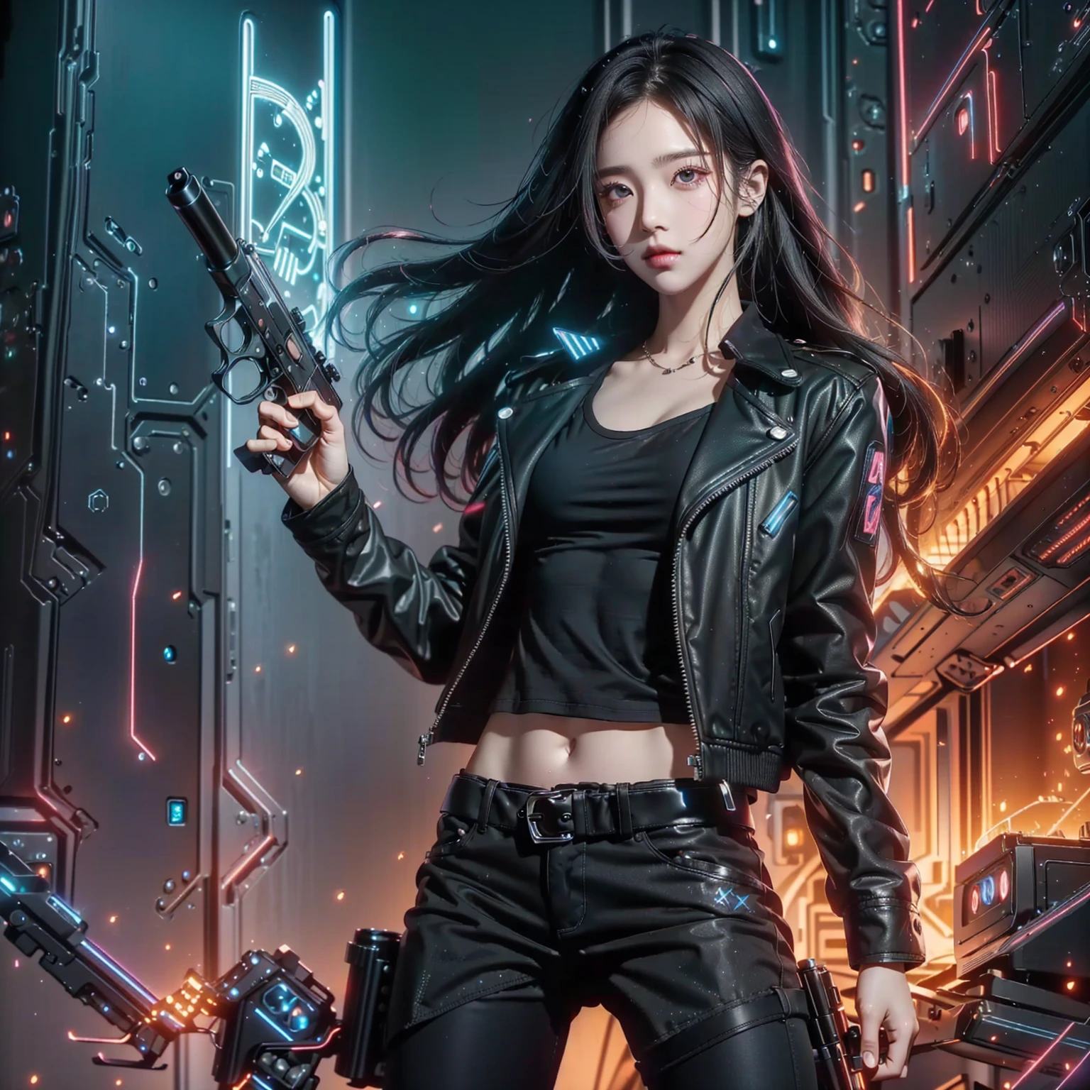 (Hold the gun., raw photos, best quality, skill:1.2), (realistically, realistic:1.37),(kpop idols), (Aegyo Sal:1),cute,professional lighting, Photon mapping, Radio City, Physical rendering , cosplay, lucy \(cyberpunk\), , mechanical parts, gray eyes, tight black suit, เมืองcyberpunk, black shorts, , neon light, sexy, smoke, looking up at the viewer,, High resolution in 8ก, 8ก, CG wallpaper, realistically, clear background, Medium bust, body,