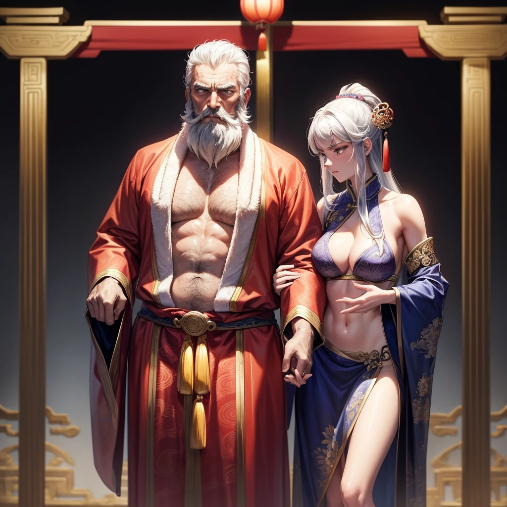 evil emperor ( handsome old man, shirtless,age 50,beard beard ) arrogantly introduces a beautiful girl (sexy,age 20 ,slim, glow skin, very embarrassed by the person in front of him, covers his breasts with his hands but it's hard because he has to try to calm the old man by holding his stomach her,naked breastes, an ancient china royal ornament,good looking.