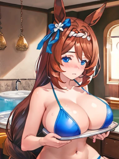 (Highest quality, 16K, Ultra-detailed, Realistic, Beautiful Skin, Professional Lighting){{{Tabletop}}}, Highest quality, huge  , whole body, juice,stare,Sexually suggestive, Super Creek（Uma Musume）,Married woman bikini, Browsing Caution, Obon breast, breastplate, tray, Exposing breasts, (Large Breasts:1.2), Holding, A naked girl holding a tray, Upper Body, Embarrassed face, Divided, paizuri, standing