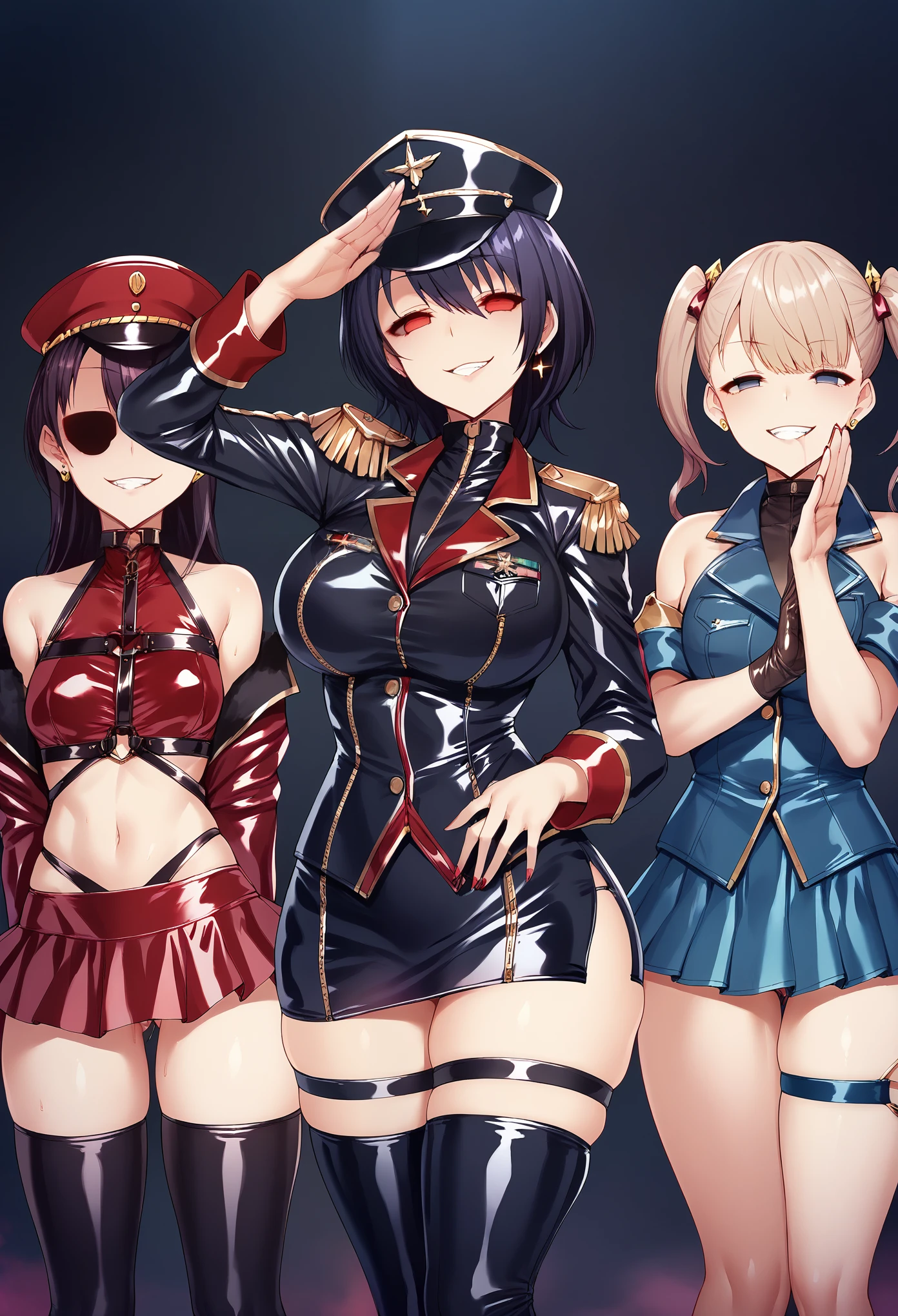 score_9,score_8_up,score_7_up, score_6_up, uncensored, source_anime, 5_fingers, multiple girls, group picture, 4girls, standing aligned, (salute), gold earrings, large breasts, jewelry, military cap, (military uniform), (epaulette), jacket, harness, thigh strap, black thigh boots, (layered skirt), miniskirt, corruption, empty eyes, half-closed eyes, evil smile, no pupils, smirk, dark theme, dark persona, skindentation, wide hips, corrupt_girl