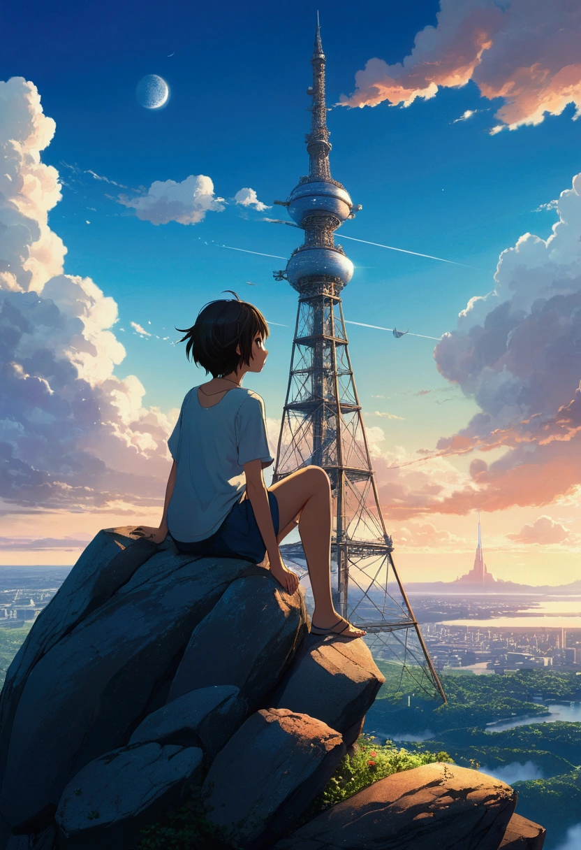 anime girl sitting on a rock looking at the sky,a sky piercing tower far far away, makoto shinkai cyril rolando, anime art wallpaper 4 k, anime art wallpaper 4k, cyril rolando and goro fujita, anime art wallpaper 8 k, 4k anime wallpaper, anime wallpaper 4 k, anime wallpaper 4k, ( ( makoto shinkai ) ), makoto shinkai!