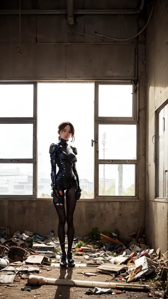 Cyborg Woman stands motionless in the center of the abandoned bunker, Her Mechanical Body, It seemed, Blended with the environment. steel plate, tube, wire, Woven into her body, Reflects dim light, Climbing through a dark window..

Her Face, Expressionless, Similar to a mask, but彼女の目は冷たさを放っている, Calculating look. It is fully integrated with the technologies around it., As if she was an integral part of him..

Damaged furniture, pile of trash, and dust, Filling the musty air of the bunker, Shows a long period of neglect.. Cyborg Woman, but, He doesn&#39;t seem upset at all., As if she were the sole owner of this dark place., ruins.

Her mysterious appearance and motionless posture、Creates a certain sense of mystery。., Behind this mechanical creature.. Multi-point, She's waiting, I&#39;Iは見ています, study, Or just deep in thought, この荒廃した場所でのIの目的を熟考する, Homeless World.
