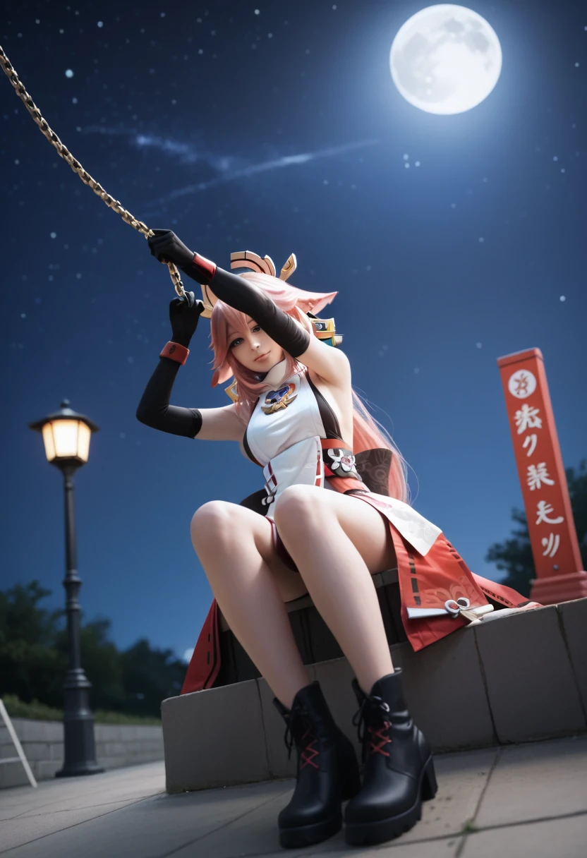 masterpiece, best quality, yae miko, 1 Girl, Solitary, Gloves, Gloves, skirt, Bare shoulders, Shut up, boots, Sky, black Gloves, Black footwear, cover eyes, night Sky, Full Moon, elbow Gloves, armpit, Raise your arms, ((chain, boundary, restraint:1.3)), sit, Variza, night, starry Sky, Sky, Cowboy shooting, Watch from below, Long Shot