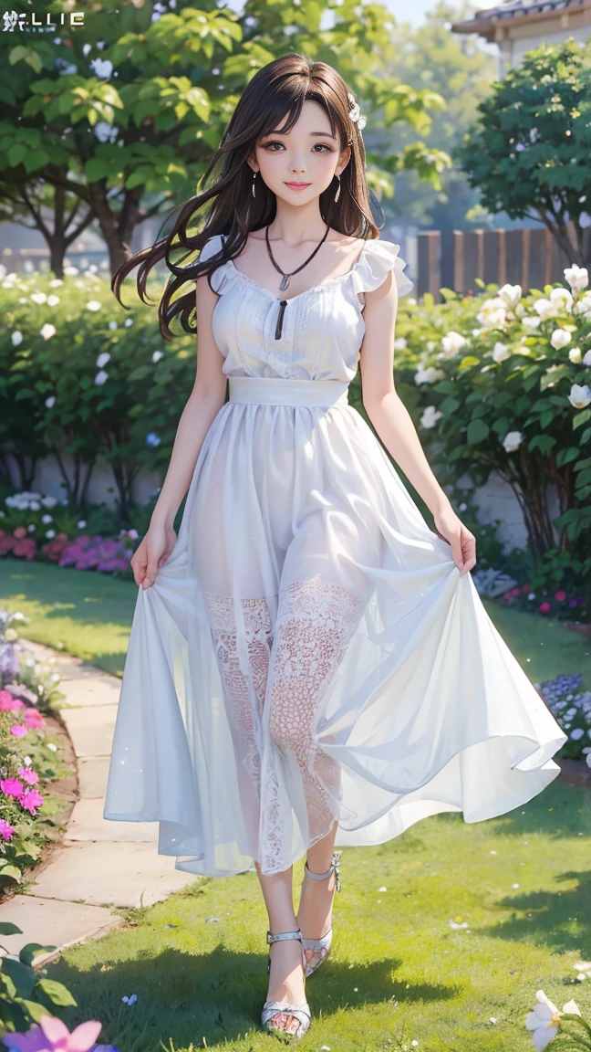 (Highest quality、 8k 、masterpiece、High resolution)、Young lovely woman、Ample breasts、Smooth and unnoticeable collarbone、Slender beauty、(Brown hair medium、My hair is blowing in the wind、Flows backwards)、Full Body Shot、 (Beautiful Face,Beautiful Eyes,Beautiful nose,Pretty lips)、(Stephanie hoove earrings、silver heart necklace)、((Black tops、White and monochrome dot long skirt(Ankle length))、Her mouth opens slightly and a smile appears.、Nice pose、Outdoor、(A Western-style garden filled with blooming flowers)、Colorful flowers、Vibrant colors、The red stands out、looking at the camera、Professional Lighting、Professional photographer、Detailed CG、