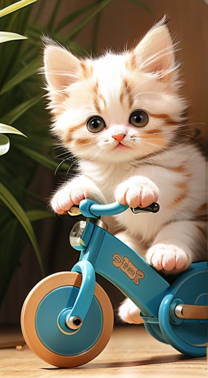 Cute kitten riding a bicycle, full body, photorealistic, intricate details