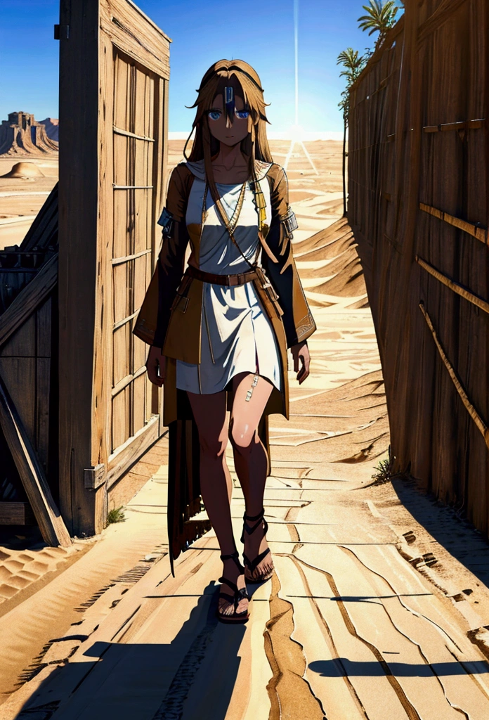 Digital art of Jesus walking through the desert, wearing sandals, with a calm expression. アニメ