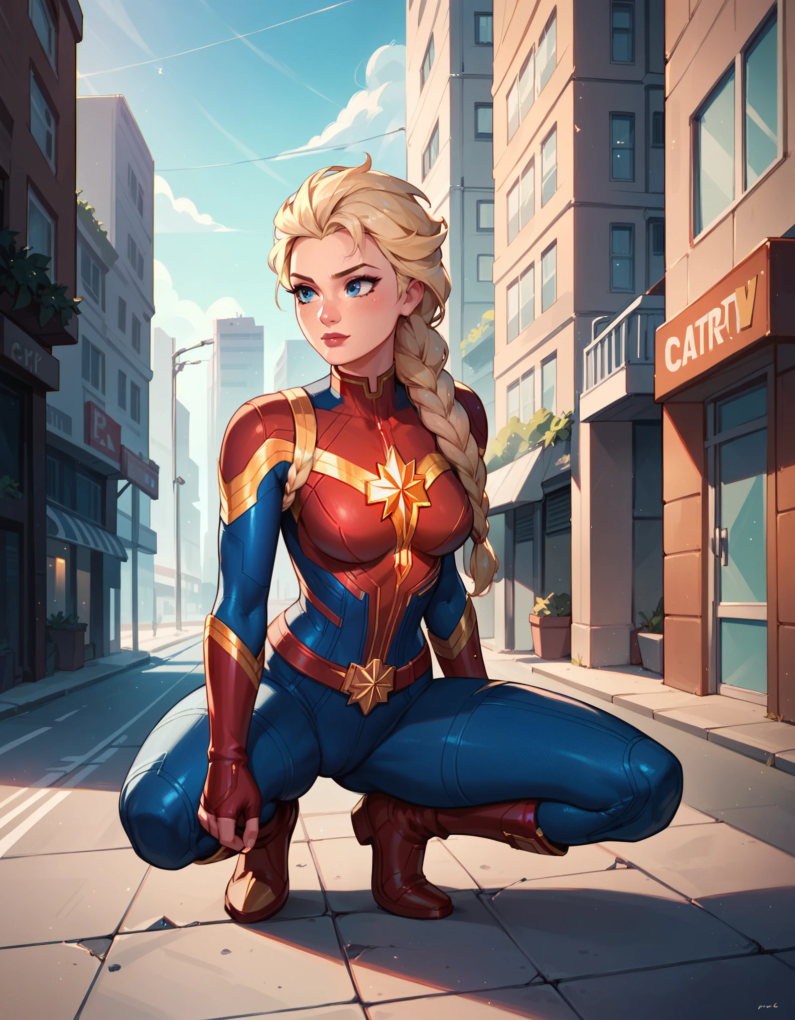 score_9, score_8_up, score_7_up, score_6_up, 1girl, solo, elsa (blonde hair, braid:1.1), wearing (Captain marvel suit:1.2), superhero landing, crouched, ground cracked, city street, cinematic lighting.