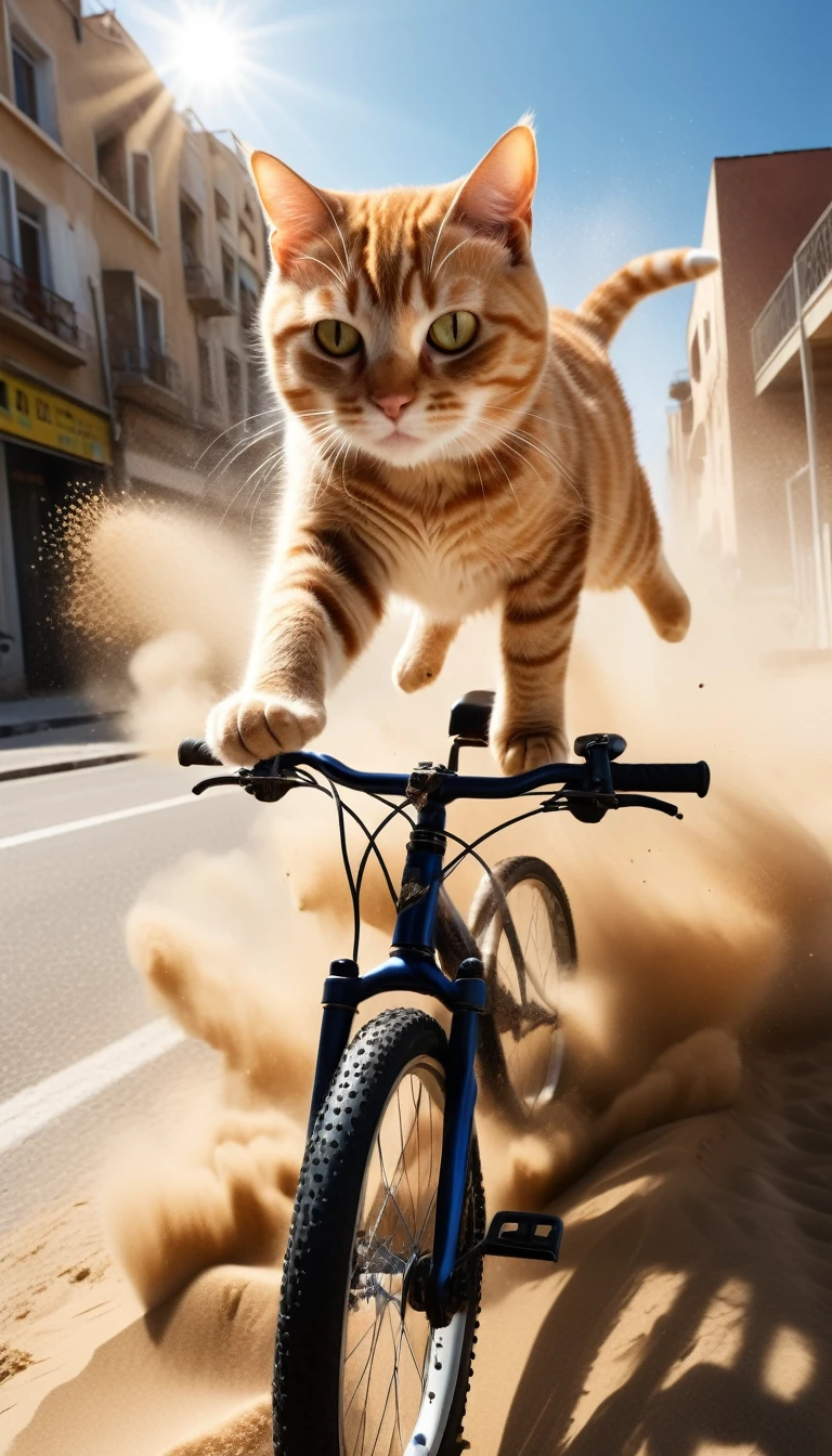 animal (cat:1.5) riding bike, sand explosion, action shot, sunlight, wide angle, 8k, F2.8, RAW Photo, ultra detailed, real life