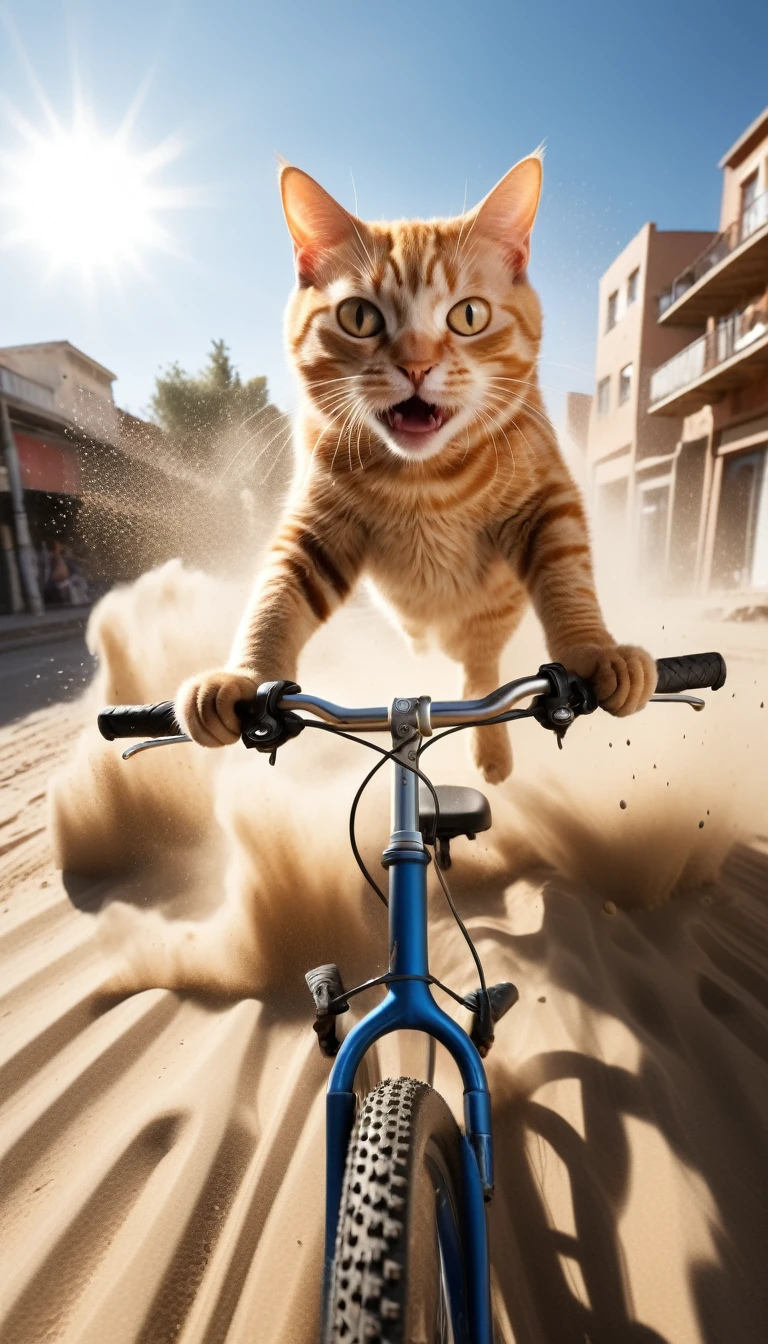 animal (cat:1.5) riding bike, sand explosion, action shot, sunlight, wide angle, 8k, F2.8, RAW Photo, ultra detailed, real life