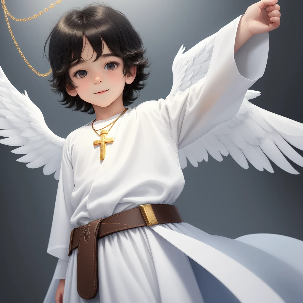 An incredibly charming  wearing a long pure white angel robe, only man,  beautiful blue wings, angelic look, happy eyes, hair with black bangs, simple brown belt at his waist, gold cross necklace. The illustration is in high definition with 4k resolution., 2d, with highly detailed facial features and cartoon style visuals. simple drawing, perfectly centered. His entire body is perfectly visible