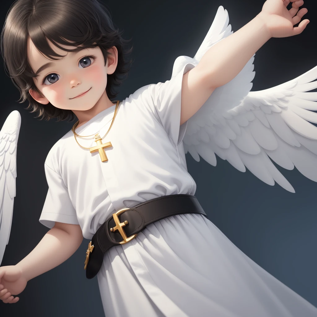 An incredibly charming little boy wearing a long pure white angel robe, only man,  beautiful blue wings, angelic look, happy eyes, hair with black bangs, simple brown belt at his waist, gold cross necklace. The illustration is in high definition with 4k resolution., 2d, with highly detailed facial features and cartoon style visuals. simple drawing, perfectly centered. His entire body is perfectly visible
